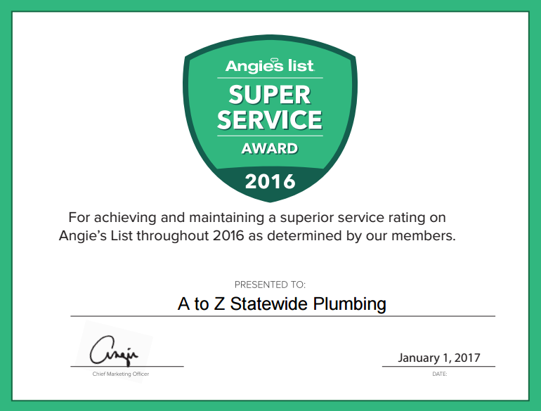  A to Z Statewide Plumbing Earns Esteemed 2016 Angie’s List Super Service Award