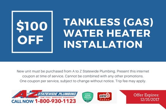 $100 off tankless water heater installation