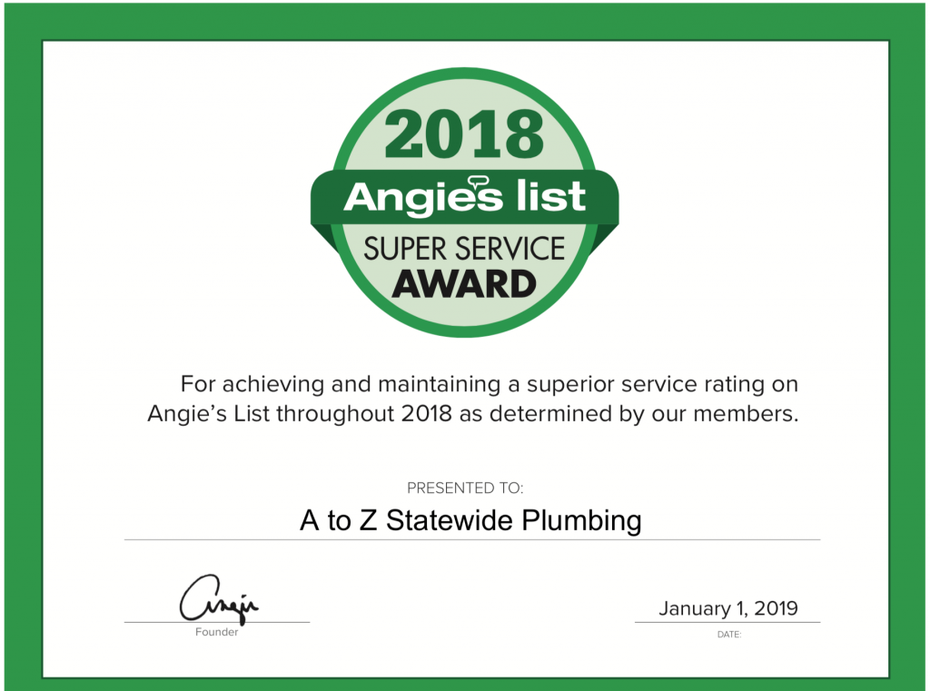 A to Z Statewide Plumbing Earns 2018 Angie’s List Super Service Award