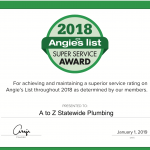 A to Z Statewide Plumbing Earns 2018 Angie’s List Super Service Award