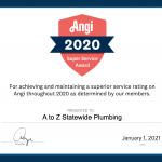 A to Z Statewide Plumbing Earns 2020 Angi Super Service Award